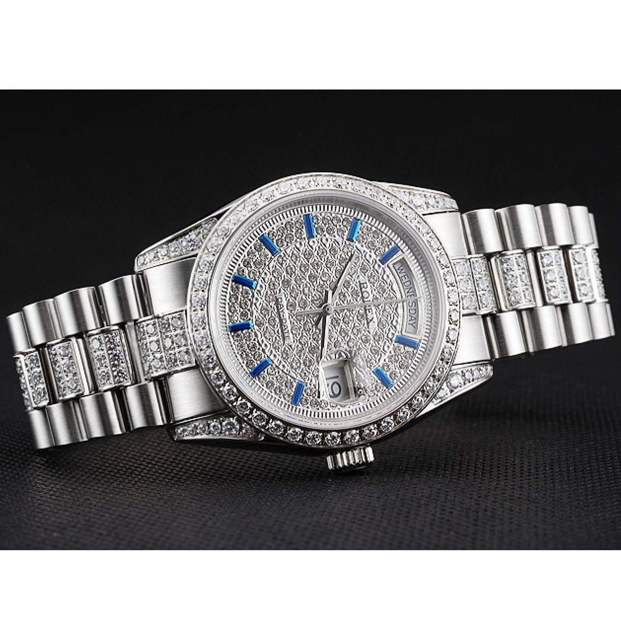 Aaa replica watch Bracelet Day Rolex Bezel Swiss And Dial Pave Stainless Diamond Date Steel And 0702